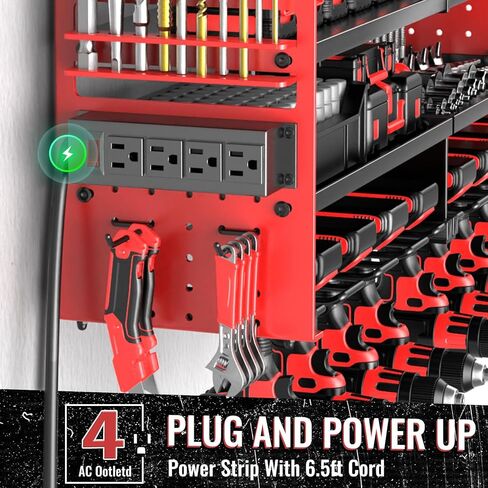 Large Power Tool Organizer Wall Mount with Charging Station, 4 Layer Heavy Duty Metal Cordless Tool Organizer, Tool Storage Rack with 8 Cordless Drill Holder Screwdriver Hammer(Red) in Saudi Arabia