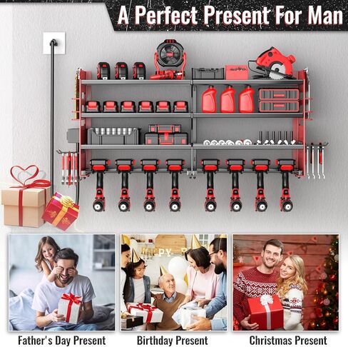 Large Power Tool Organizer Wall Mount with Charging Station, 4 Layer Heavy Duty Metal Cordless Tool Organizer, Tool Storage Rack with 8 Cordless Drill Holder Screwdriver Hammer(Red) in Saudi Arabia