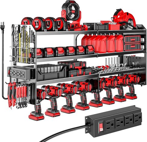 Large Power Tool Organizer Wall Mount with Charging Station, 4 Layer Heavy Duty Metal Cordless Tool Organizer, Tool Storage Rack with 8 Cordless Drill Holder Screwdriver Hammer(Red) in Saudi Arabia