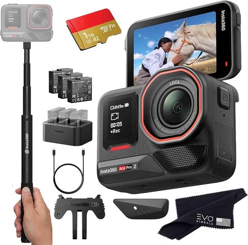 Insta360 Ace Pro 2 Battery Bundle- 8K Waterproof Action Camera Co-Engineered with Leica, Flagship 1/1.3" Sensor, 8K30, 2.5" Flip Screen|Includes Extra Battery, Charger, Invisible Selfie Stick (128GB) in Saudi Arabia