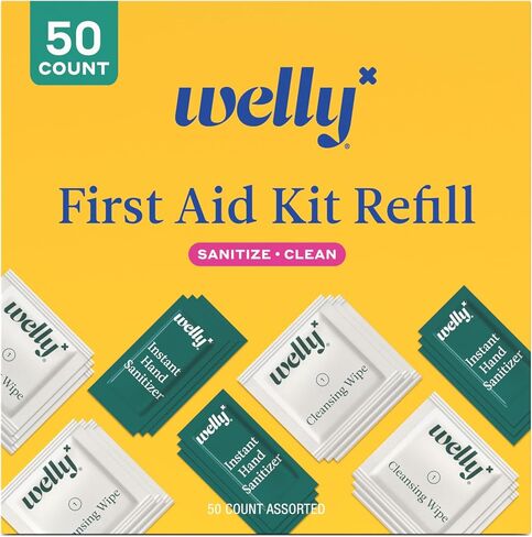 Welly First Aid Kit Refill Carton | Includes Individual Bandages, Cleansing Wipes, Antibiotic Packets, Burn Gel, Hydrocortisone Cream, and Bug Bite Relief Patches | 100 ct in Kuwait