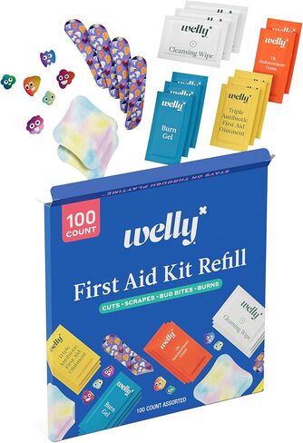 Welly First Aid Kit Refill Carton | Includes Individual Bandages, Cleansing Wipes, Antibiotic Packets, Burn Gel, Hydrocortisone Cream, and Bug Bite Relief Patches | 100 ct in Saudi Arabia
