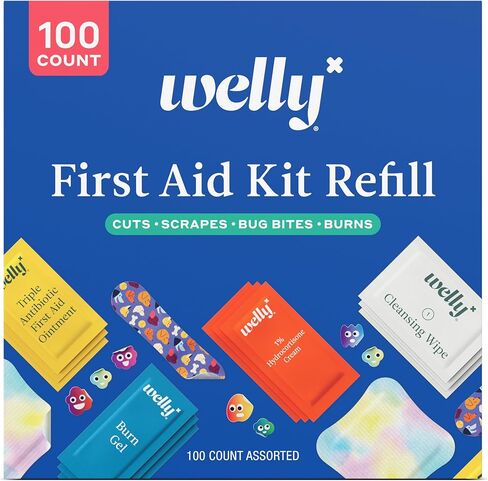 Welly First Aid Kit Refill Carton | Includes Individual Bandages, Cleansing Wipes, Antibiotic Packets, Burn Gel, Hydrocortisone Cream, and Bug Bite Relief Patches | 100 ct in Saudi Arabia