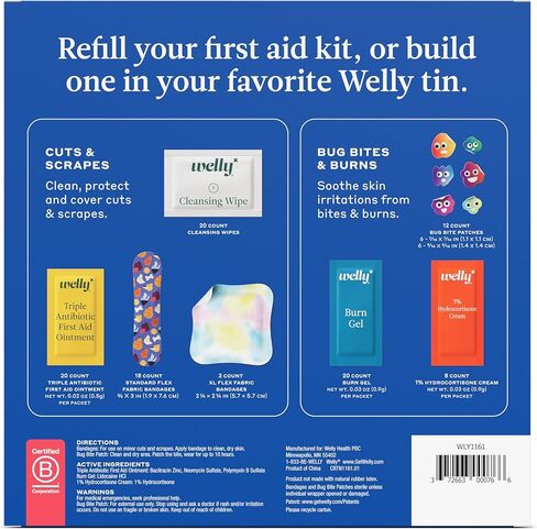 Welly First Aid Kit Refill Carton | Includes Individual Bandages, Cleansing Wipes, Antibiotic Packets, Burn Gel, Hydrocortisone Cream, and Bug Bite Relief Patches | 100 ct in Saudi Arabia