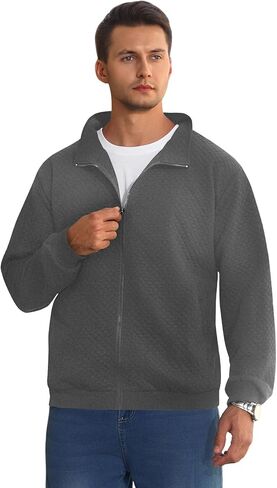 Mens Sweatshirt Full Zip Up Mock Neck Quilted Jacket Sweatshirt for Men Lightweight Casual Sweater with Pocket in Saudi Arabia