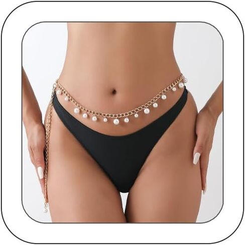 Bohemian Fake Pearl Bikini Body Chain for Women Adjustable Waterproof Belly Waist Jewelry Layered Cubic Zirconia Swimsuits Beach Chains Summer Festival Mermaid Party Accessories (Style-H) in Saudi Arabia