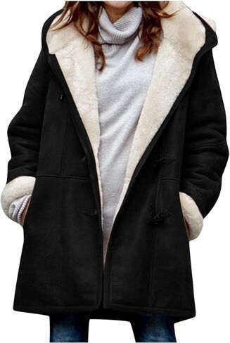 AI'MOURI Windproof Sherpa Lined Outerwear for Women Winter Fleece Hooded Overcoat with Pockets Warm and Thicken Parka Jacket in Saudi Arabia