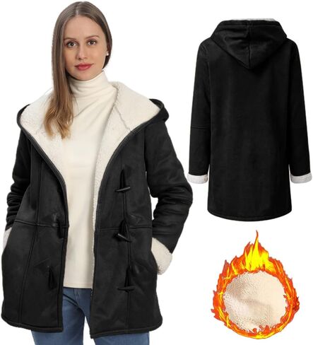 AI'MOURI Windproof Sherpa Lined Outerwear for Women Winter Fleece Hooded Overcoat with Pockets Warm and Thicken Parka Jacket in Saudi Arabia