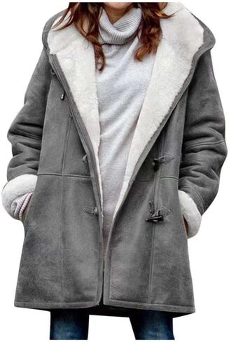 AI'MOURI Windproof Sherpa Lined Outerwear for Women Winter Fleece Hooded Overcoat with Pockets Warm and Thicken Parka Jacket in Saudi Arabia