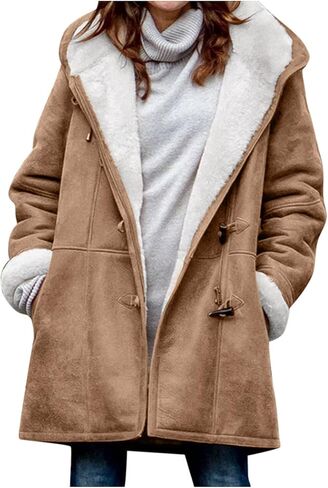 AI'MOURI Windproof Sherpa Lined Outerwear for Women Winter Fleece Hooded Overcoat with Pockets Warm and Thicken Parka Jacket in Saudi Arabia