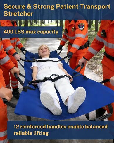 نقالة نقل محمولة مع 12 مقبضًا مطاطيًا وحقيبة حمل - قابلة للطي للمريض في حالات الطوارئ ومحرك للحيوانات للإسعافات الأولية للإنقاذ، سعة 400 رطل، مثالية للمنزل والمستشفيات والاستخدام الخارجي (أزرق) in Kuwait