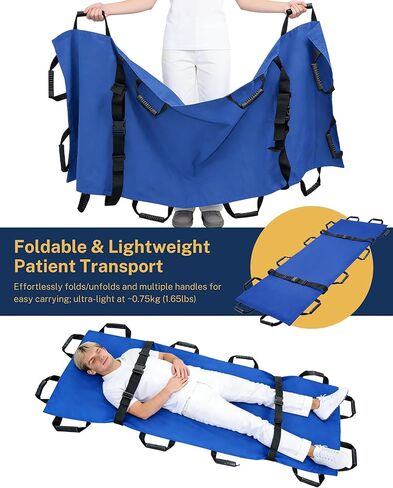 نقالة نقل محمولة مع 12 مقبضًا مطاطيًا وحقيبة حمل - قابلة للطي للمريض في حالات الطوارئ ومحرك للحيوانات للإسعافات الأولية للإنقاذ، سعة 400 رطل، مثالية للمنزل والمستشفيات والاستخدام الخارجي (أزرق) in Kuwait