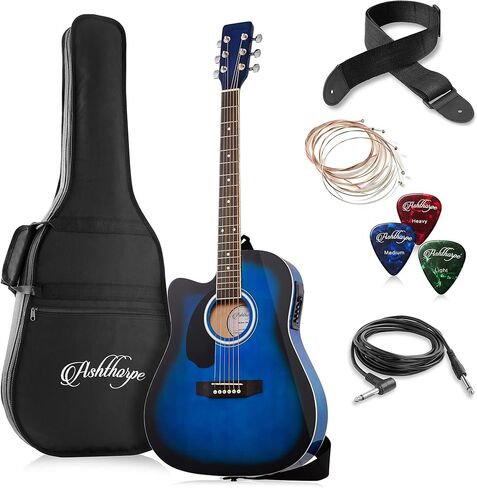 Ashthorpe Full-Size Left-Handed Cutaway Thinline Acoustic-Electric Guitar Package - Premium Tonewoods - Blue in Saudi Arabia