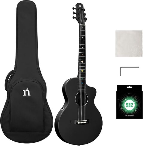 جيتار صوتي من ألياف الكربون من ناتاشا مع بيك اب NSX، جيتار سفر جيتار من الفولاذ مقاس 38 بوصة، جيتار متين رفيع للغاية مكون من 6 أوتار للمبتدئين والمتعلمين المتوسطين والكبار (أسود كوني) in Kuwait