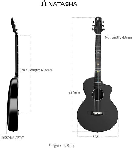 جيتار صوتي من ألياف الكربون من ناتاشا مع بيك اب NSX، جيتار سفر جيتار من الفولاذ مقاس 38 بوصة، جيتار متين رفيع للغاية مكون من 6 أوتار للمبتدئين والمتعلمين المتوسطين والكبار (أسود كوني) in Kuwait