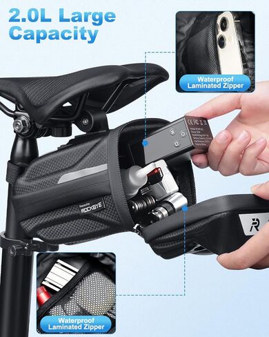 حقيبة مقعد الدراجة، حقيبة دراجة قابلة للتوسيع تحت المقعد، حقيبة سرج دراجة ذات هيكل صلب ثلاثي الأبعاد مقاومة للماء مع مادة عاكسة، سحاب ذاتي القفل، جيب داخلي، 1.6-2 لتر in Kuwait