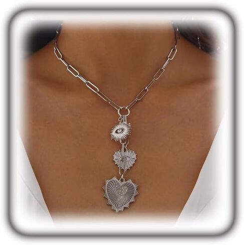 Chunky Gold Rhinestone Heart Pendant Necklace for Women Vintage Silver CZ Evil Eye Y Necklace Love Eye Chain Choker Necklace Jewelry Accessories in Saudi Arabia