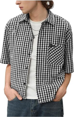 Oyoangle Men Block Block Blaid Blaid Button Down Short Sleeve Tirts Pocket Mort in Saudi Arabia