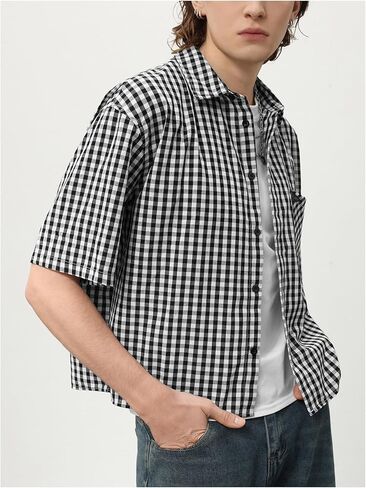Oyoangle Men Block Block Blaid Blaid Button Down Short Sleeve Tirts Pocket Mort in Saudi Arabia