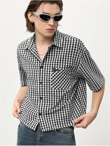 Oyoangle Men Block Block Blaid Blaid Button Down Short Sleeve Tirts Pocket Mort in Saudi Arabia