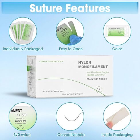 خيط ممارسة الخياطة مع مجموعة إبرة، خيط الخياطة لتدريب الطلاب فقط، 3/0 مجموعة ربط عقدة من النايلون أحادية الخيط لمنصات الغرز، قشور الفاكهة (12 حزمة) in Kuwait