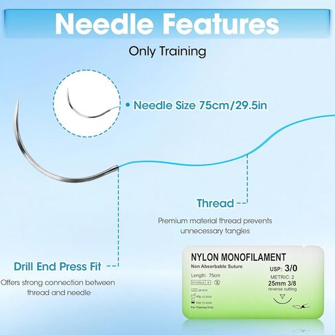 خيط ممارسة الخياطة مع مجموعة إبرة، خيط الخياطة لتدريب الطلاب فقط، 3/0 مجموعة ربط عقدة من النايلون أحادية الخيط لمنصات الغرز، قشور الفاكهة (12 حزمة) in Kuwait
