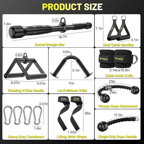 Cable Attachments for Gym, LAT Pulldown & Cable Machine Attachment Set: V-Shaped Bar, Rotating Straight Bar, V Rotation Handle, Nylon Tricep Rope, Ankle Straps & Handles, Home Gym in Kuwait