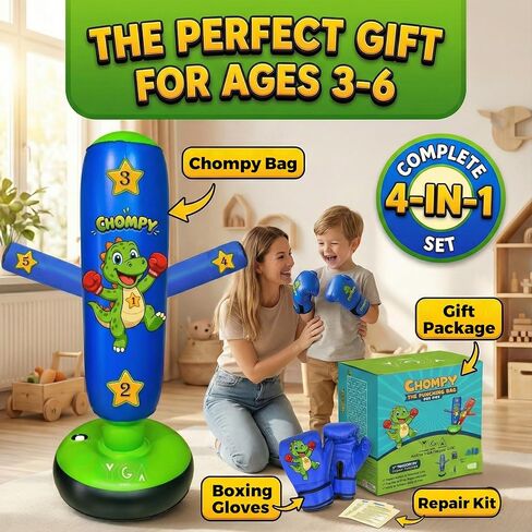 مجموعات الملاكمة - 1 تشومي دينو (48 بوصة) + 1 كيس ملاكمة بونشو نينجا (63 بوصة) للأطفال - مجموعة كاملة للملاكمة قابلة للنفخ للأعمار من 3 إلى 12 عامًا مع قفازات ومضخات وكتاب إلكتروني للتدريب in Kuwait
