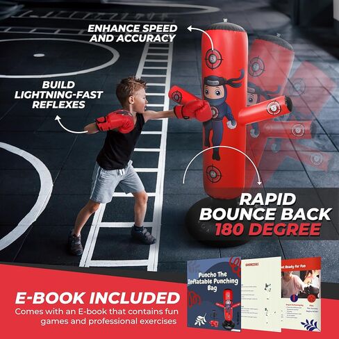 مجموعات الملاكمة - 1 تشومي دينو (48 بوصة) + 1 كيس ملاكمة بونشو نينجا (63 بوصة) للأطفال - مجموعة كاملة للملاكمة قابلة للنفخ للأعمار من 3 إلى 12 عامًا مع قفازات ومضخات وكتاب إلكتروني للتدريب in Kuwait