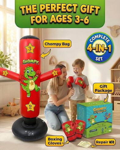 مجموعات الملاكمة - 1 تشومي دينو (48 بوصة) + 1 كيس ملاكمة بونشو نينجا (63 بوصة) للأطفال - مجموعة كاملة للملاكمة قابلة للنفخ للأعمار من 3 إلى 12 عامًا مع قفازات ومضخات وكتاب إلكتروني للتدريب in Kuwait