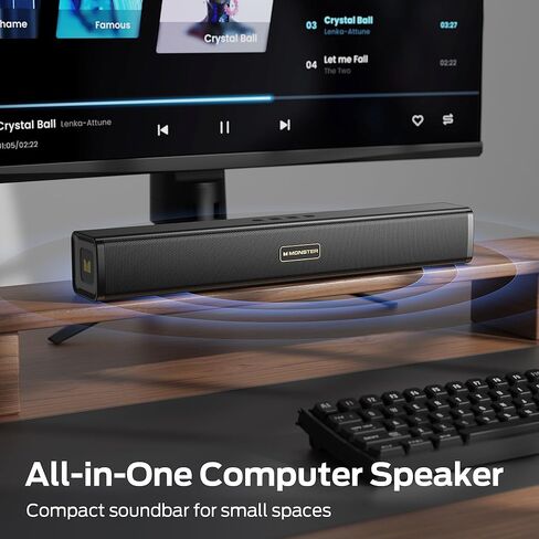سماعات كمبيوتر Monster S220 للكمبيوتر المكتبي، مكبرات صوت 2.0 قناة للكمبيوتر الشخصي مع غشاء جهير مزدوج، بلوتوث 6.0 و3.5 مم Aux-in PC Soundbar، شريط صوت كمبيوتر مدمج لسطح المكتب/الكمبيوتر المحمول/الشاشة/الكمبيوتر اللوحي in Kuwait