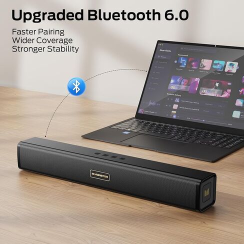 سماعات كمبيوتر Monster S220 للكمبيوتر المكتبي، مكبرات صوت 2.0 قناة للكمبيوتر الشخصي مع غشاء جهير مزدوج، بلوتوث 6.0 و3.5 مم Aux-in PC Soundbar، شريط صوت كمبيوتر مدمج لسطح المكتب/الكمبيوتر المحمول/الشاشة/الكمبيوتر اللوحي in Kuwait