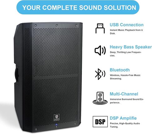 1400W Powered PA Speaker with Bluetooth 5.0 & DSP, 15" 2-Way Active Sound System for DJs, Live Performance, Conferences, Stage Monitoring, and Band Gigs in Saudi Arabia