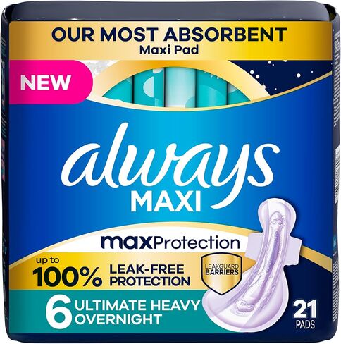 Always Maxi Overnight Feminine Pads with Wings for Women, Size 6, Ultimate Heavy Overnight Absorbency, Unscented, Up to 100% Leak-Free Protection, 21 Count in Saudi Arabia