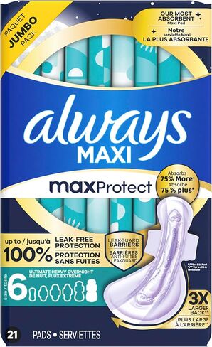 Always Maxi Overnight Feminine Pads with Wings for Women, Size 6, Ultimate Heavy Overnight Absorbency, Unscented, Up to 100% Leak-Free Protection, 21 Count in Saudi Arabia