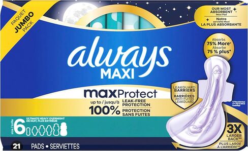 Always Maxi Overnight Feminine Pads with Wings for Women, Size 6, Ultimate Heavy Overnight Absorbency, Unscented, Up to 100% Leak-Free Protection, 21 Count in Saudi Arabia