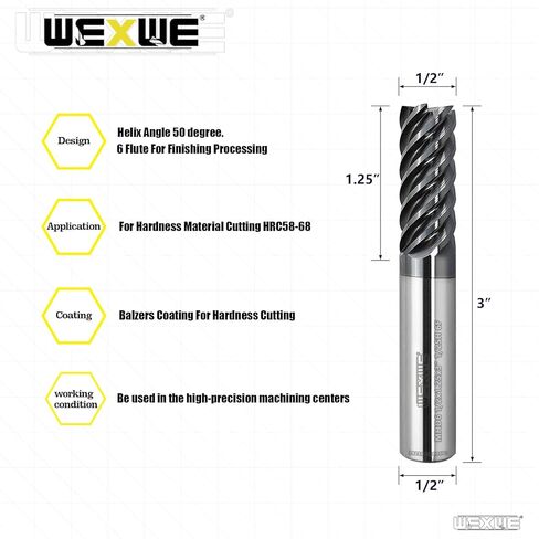 Tools Carbide End Mills,6 Flute Square Milling Cutter，High Helix Angle for High Hardness Steel Finshing Milling Processing - 1/2 Shank (1/2-3" 1PCS) in Kuwait