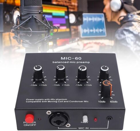 معزز ميكروفون Preamp Gain Mic Booster، 48V XLR متوازن ديناميكي ومكثف ميكروفون Preamp لتسجيل الاستوديو والبث المباشر in Saudi Arabia
