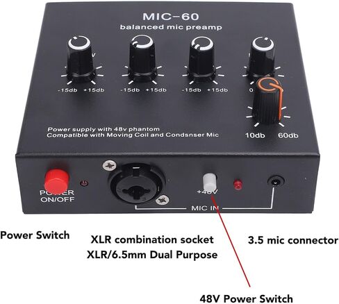معزز ميكروفون Preamp Gain Mic Booster، 48V XLR متوازن ديناميكي ومكثف ميكروفون Preamp لتسجيل الاستوديو والبث المباشر in Saudi Arabia