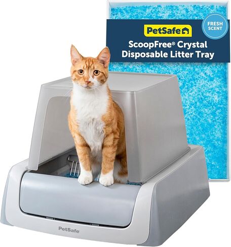 PetSafe Scoop Crystal Pro Automatic Self Cleaning Cat Litter Box (27.6x19.1x16), Comes with 1 Disposable Litter Tray (Grey) in Kuwait
