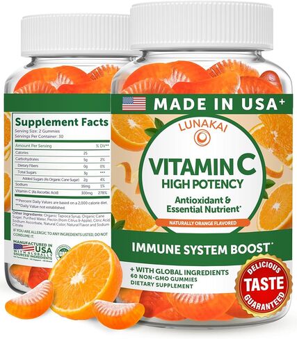 Lunakai USA Made High Potency Vitamin C Gummies for Adults and Kids - 300mg Immune Support - Non-GMO, Vegan, Delicious Orange Flavor, 60ct in Kuwait