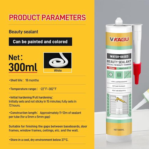 VGS66 Beauty Silicone Sealant for Trim & Baseboards - Flexible Interior Gap Filler for Crown Molding, Door Frames & Woodwork - Easy Water Clean-Up, Paint-Ready in 30 Mins, White in Kuwait