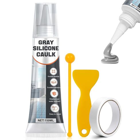 JAOJAO Gray Silicone Caulk, Waterproof Caulking Sealant with Scraper and Sticker, Fast-Curing for Bathroom, Kitchen, Windows & Exterior Use - DIY Homeowners & Contractors, 150ml in Kuwait