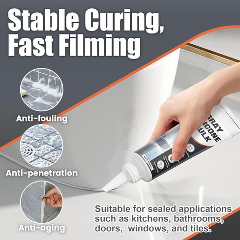 JAOJAO Gray Silicone Caulk, Waterproof Caulking Sealant with Scraper and Sticker, Fast-Curing for Bathroom, Kitchen, Windows & Exterior Use - DIY Homeowners & Contractors, 150ml in Kuwait