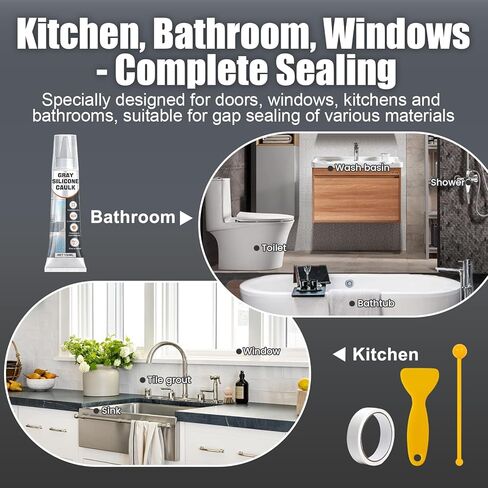 JAOJAO Gray Silicone Caulk, Waterproof Caulking Sealant with Scraper and Sticker, Fast-Curing for Bathroom, Kitchen, Windows & Exterior Use - DIY Homeowners & Contractors, 150ml in Kuwait