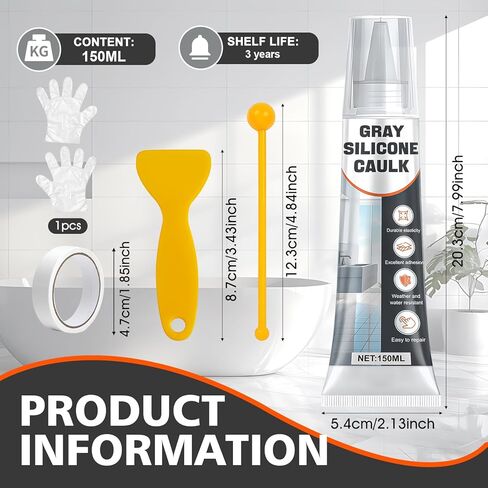 JAOJAO Gray Silicone Caulk, Waterproof Caulking Sealant with Scraper and Sticker, Fast-Curing for Bathroom, Kitchen, Windows & Exterior Use - DIY Homeowners & Contractors, 150ml in Kuwait