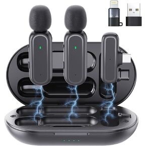قطعتان من ميكروفون Lavalier اللاسلكي لأجهزة iPhone iPad Android PC، ميكروفون صغير مع علبة شحن 8H، ميكروفونات بمشبك USB-C لمدونات الفيديو، TikTok، YouTube، تسجيل الفيديو، تقليل الضوضاء، 65 قدم in Kuwait