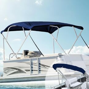 Bimini Top Cover 600D UV-Resistant Canvas, Tear & Fade Proof, Waterproof 4 Bow Boat Shade with Zippered Pockets, Pontoon Bimini Top with Frame Rustproof Square Poles, Navy 4 Bow 8'L 54" H 91"-96" W in Kuwait