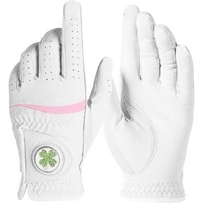Womens Golf Glove with Clover Ball Marker 1 Pack, All Weather Grip Microfiber & Leather Gloves for Ladies, Comfortable Breathable Fit for Left Hand or Right Hand in White Pink in Kuwait