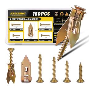 مجموعة أدوات تثبيت الحوائط الجافة ذاتية الحفر، FIXLINK 180 قطعة بمقاس واحد من مرساة الألواح الصخرية و4 براغي بأحجام، فولاذ مطلي بالزنك، بدون حفر أو ثقوب في الحائط، للتلفزيون، التعليق على الحائط، الخزانات in Kuwait